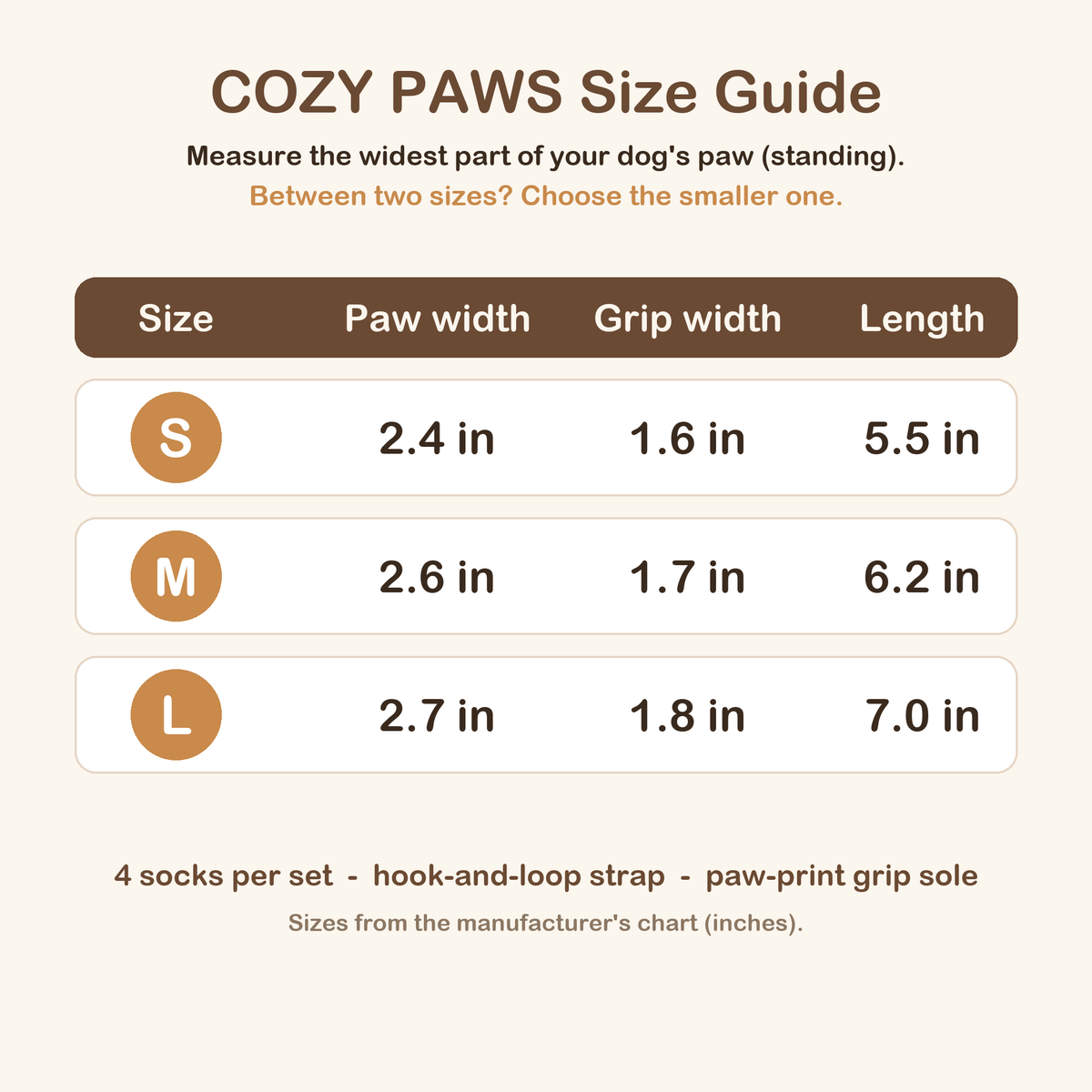 COZY PAWS grip socks size chart