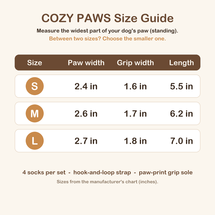 COZY PAWS grip socks size chart